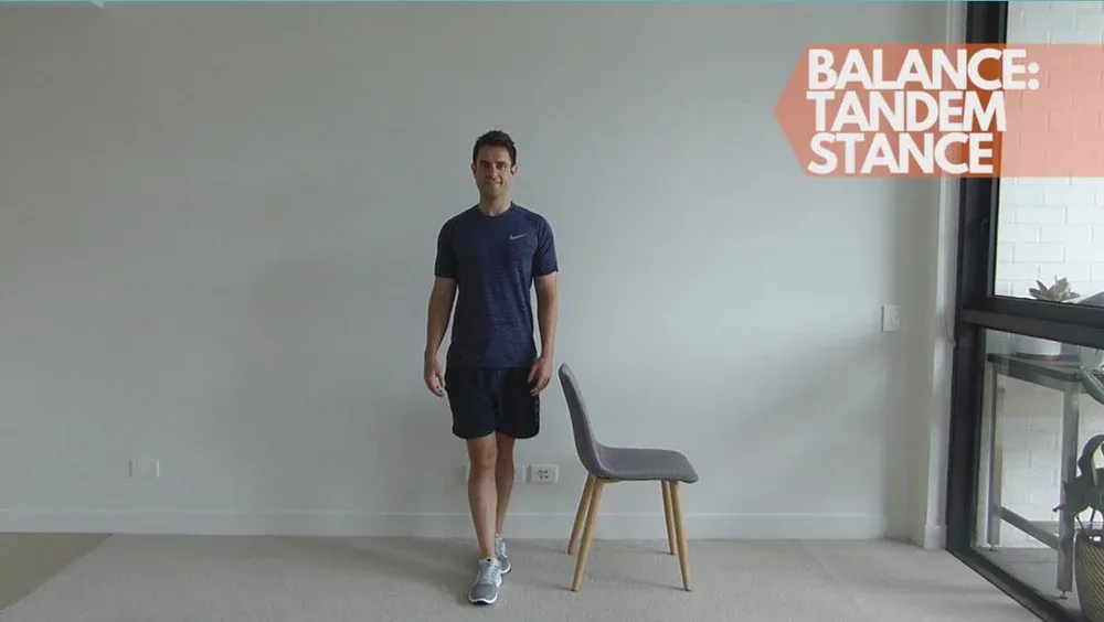 Older adult demonstrating a heel-to-toe tandem stance balance exercise