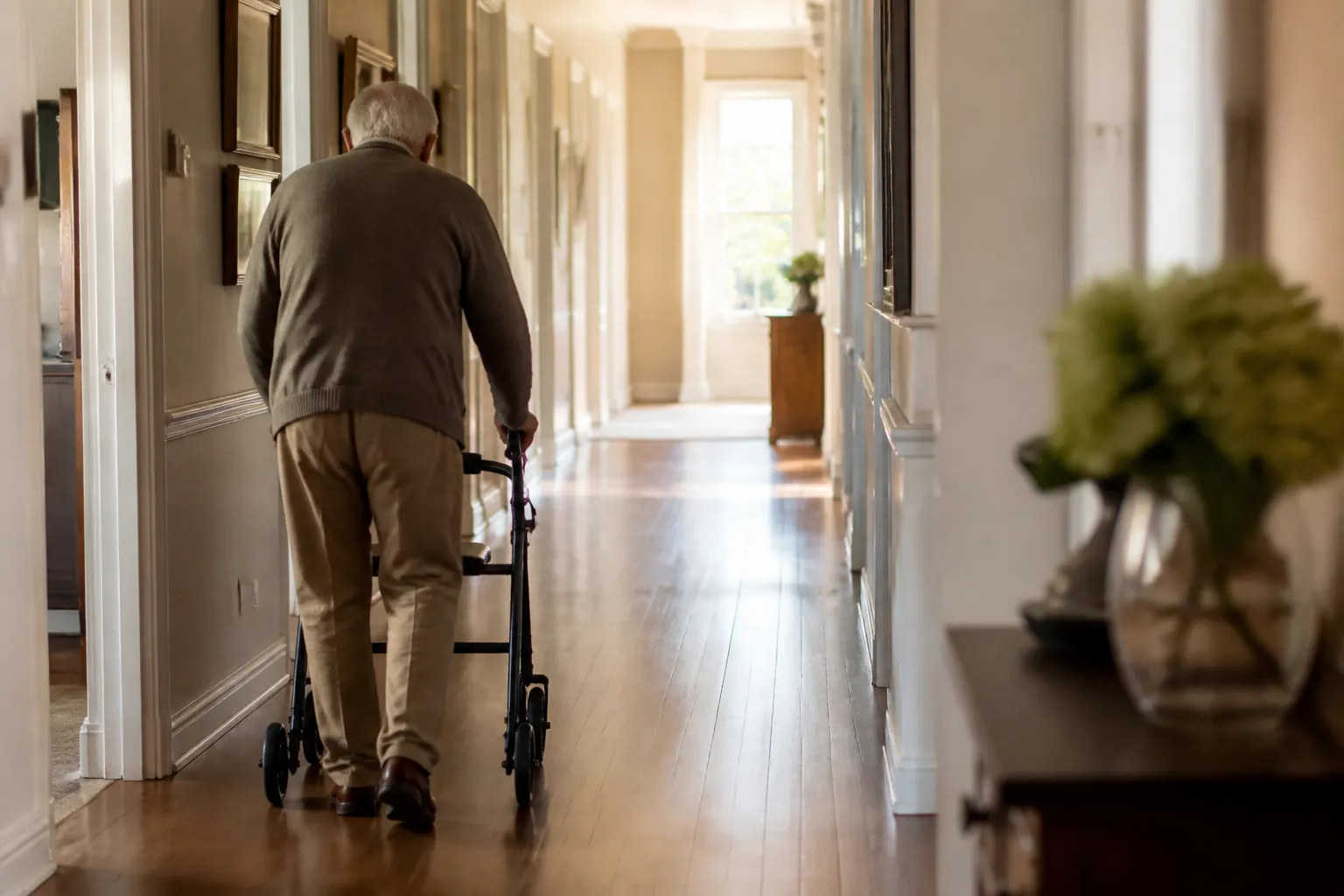 Older adult walking slowly with a wheeled walker down a sunlit home hallway