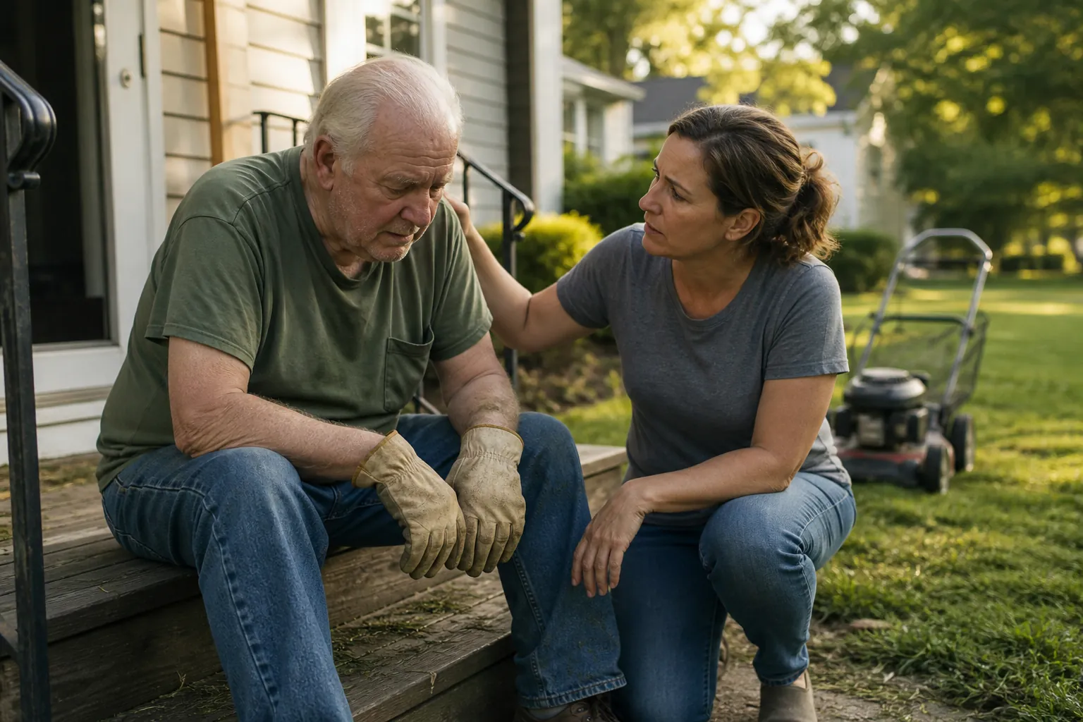 Older man looking tired after mowing while his adult daughter checks on him