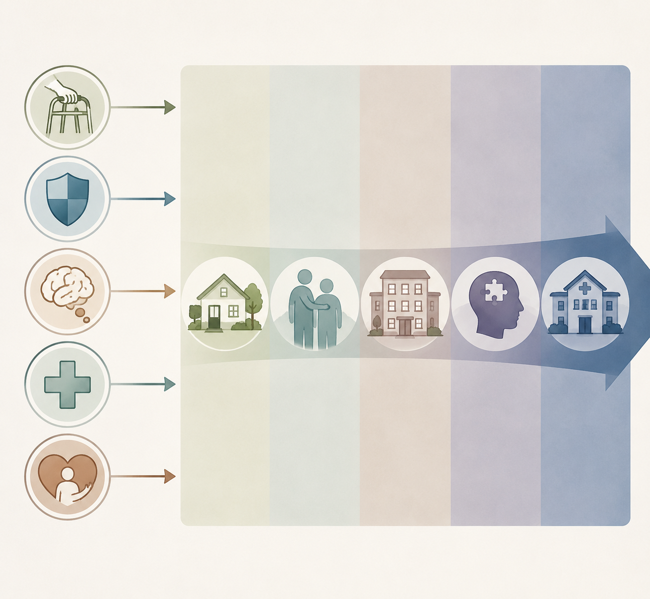 Five assessment domains connected to a spectrum of care settings