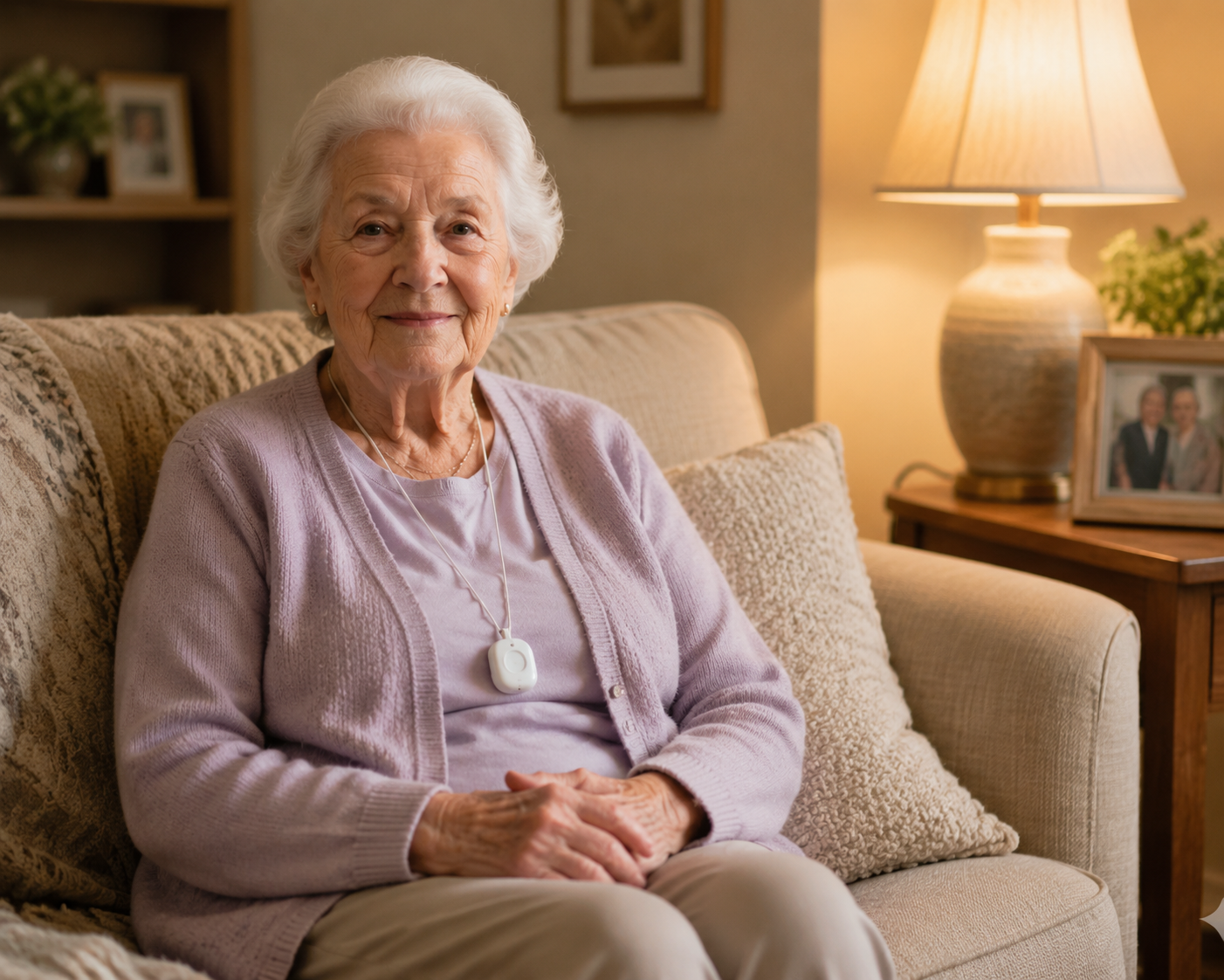 Older woman wearing a small medical alert pendant at home