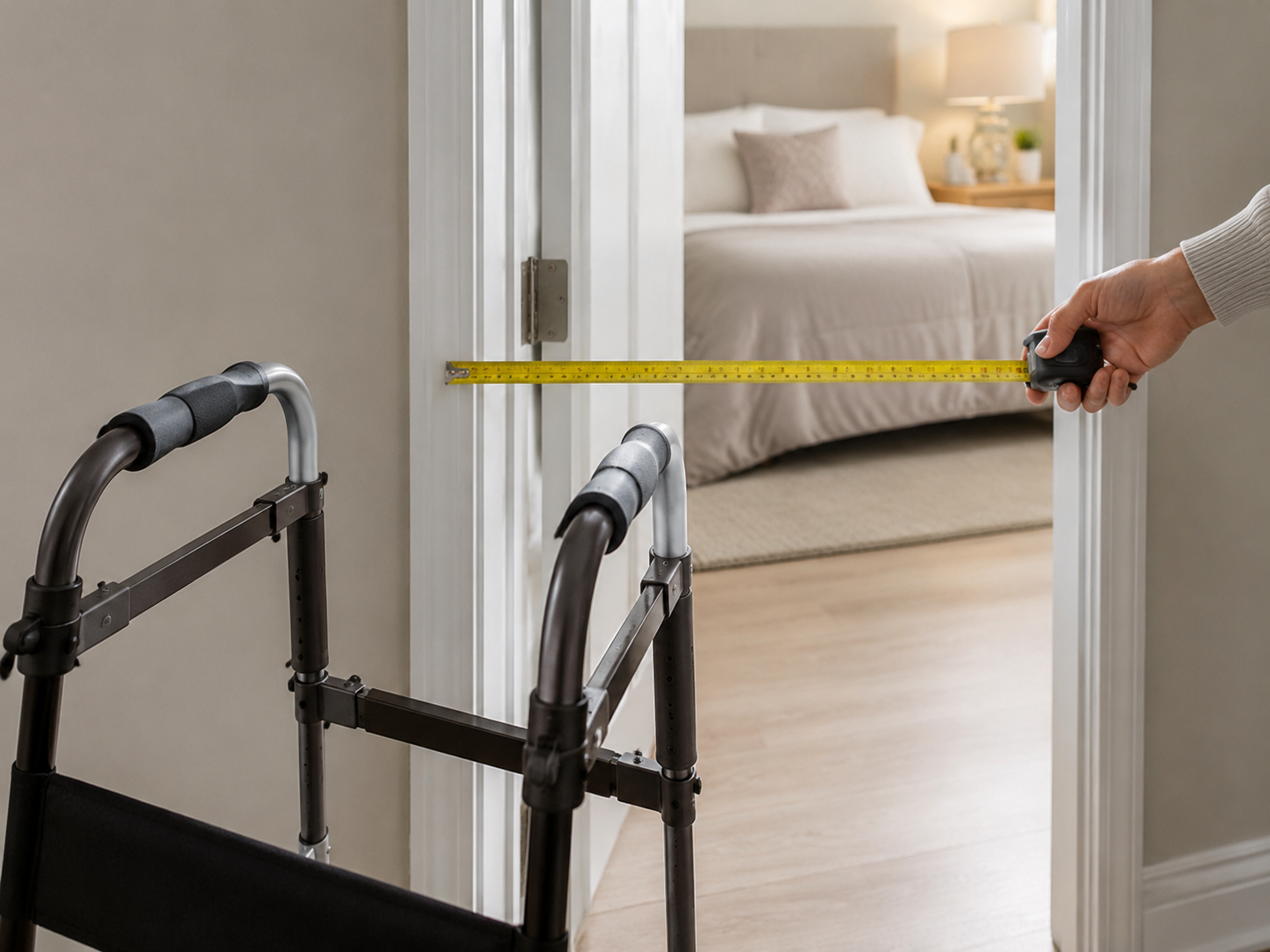 Caregiver measuring a bedroom doorway beside a walker