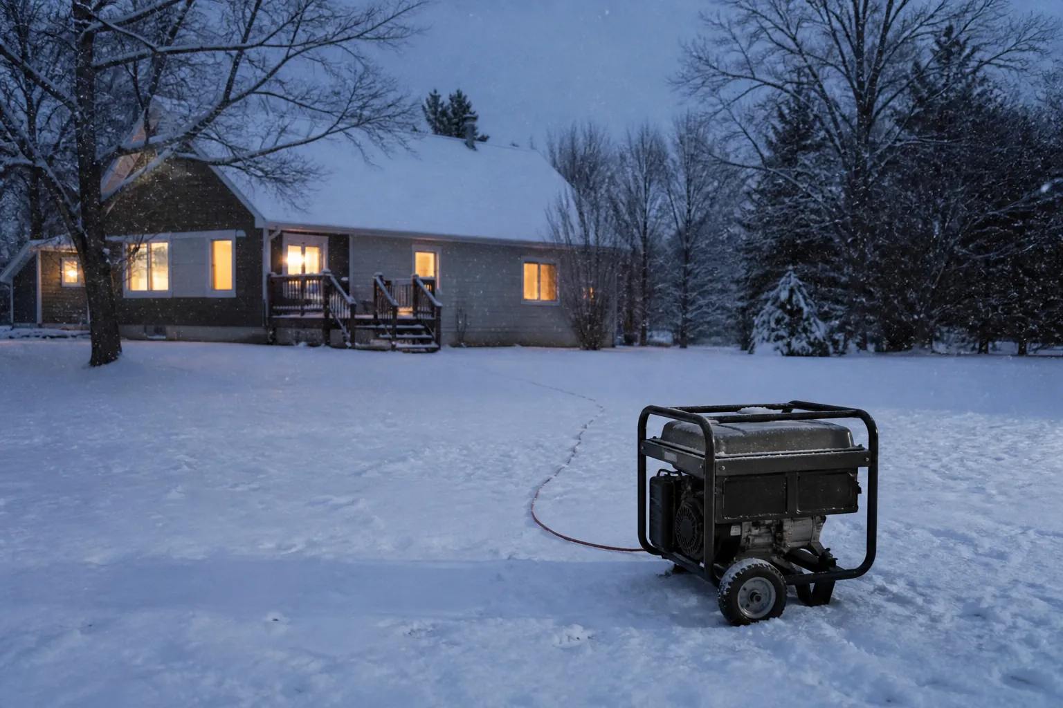 Portable generator outdoors in snow at a safe distance from the house