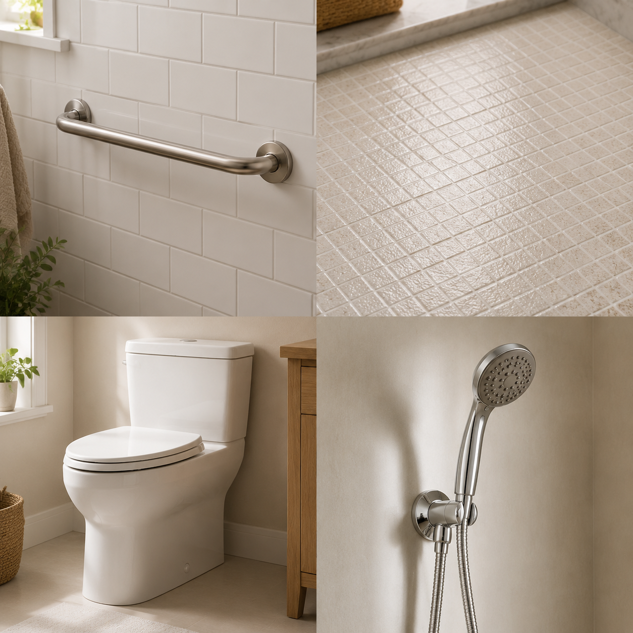 Four bathroom safety modifications: grab bar, non-slip tile, comfort-height toilet, and handheld shower wand