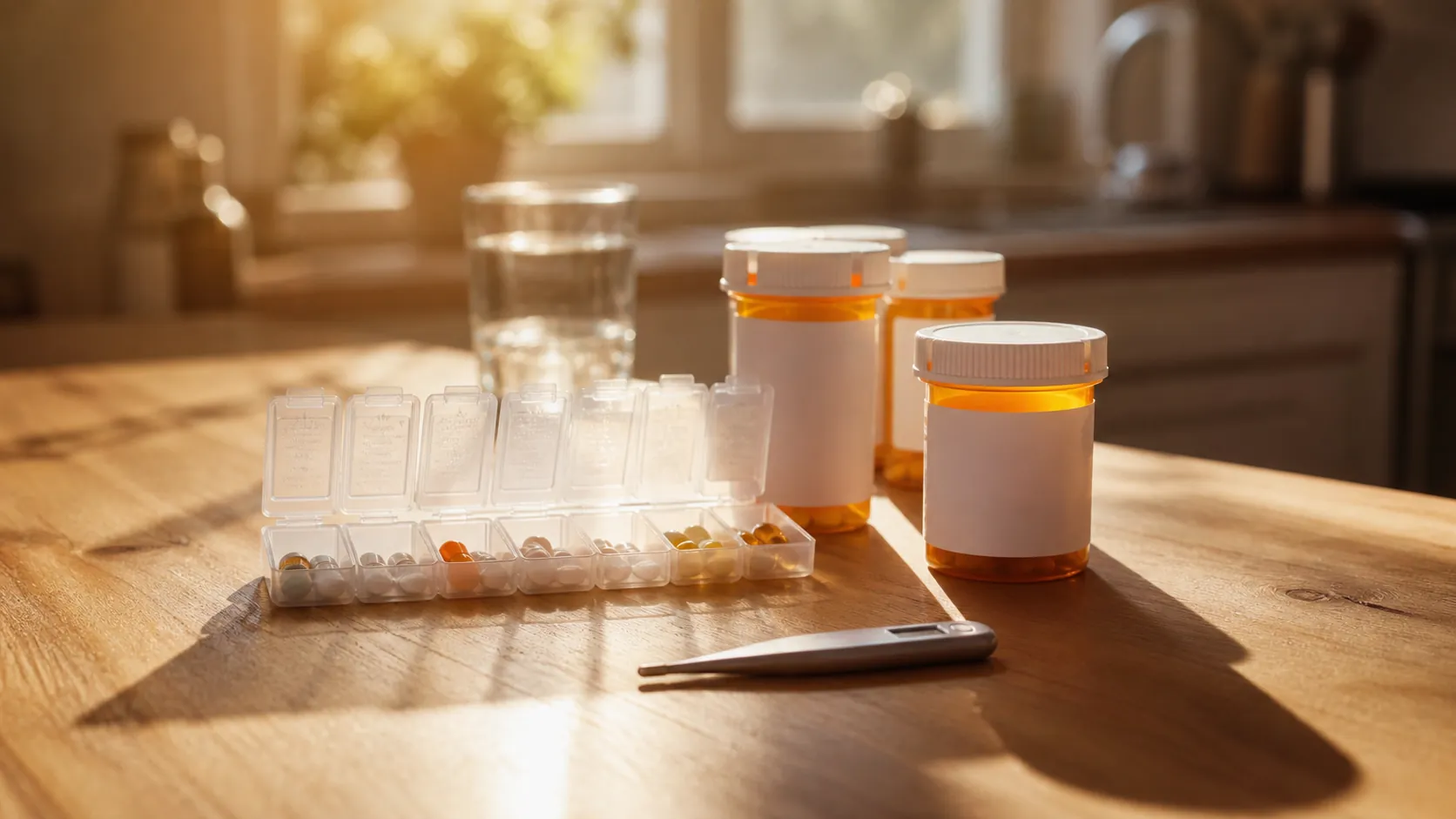 Weekly pill organizer, prescription bottles, thermometer, and glass of water on a warm kitchen counter
