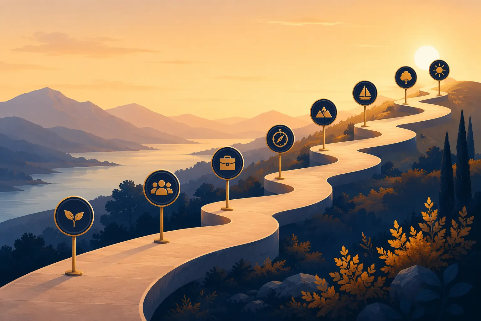 Illustration of a winding retirement path with milestone markers from age 50 through 73