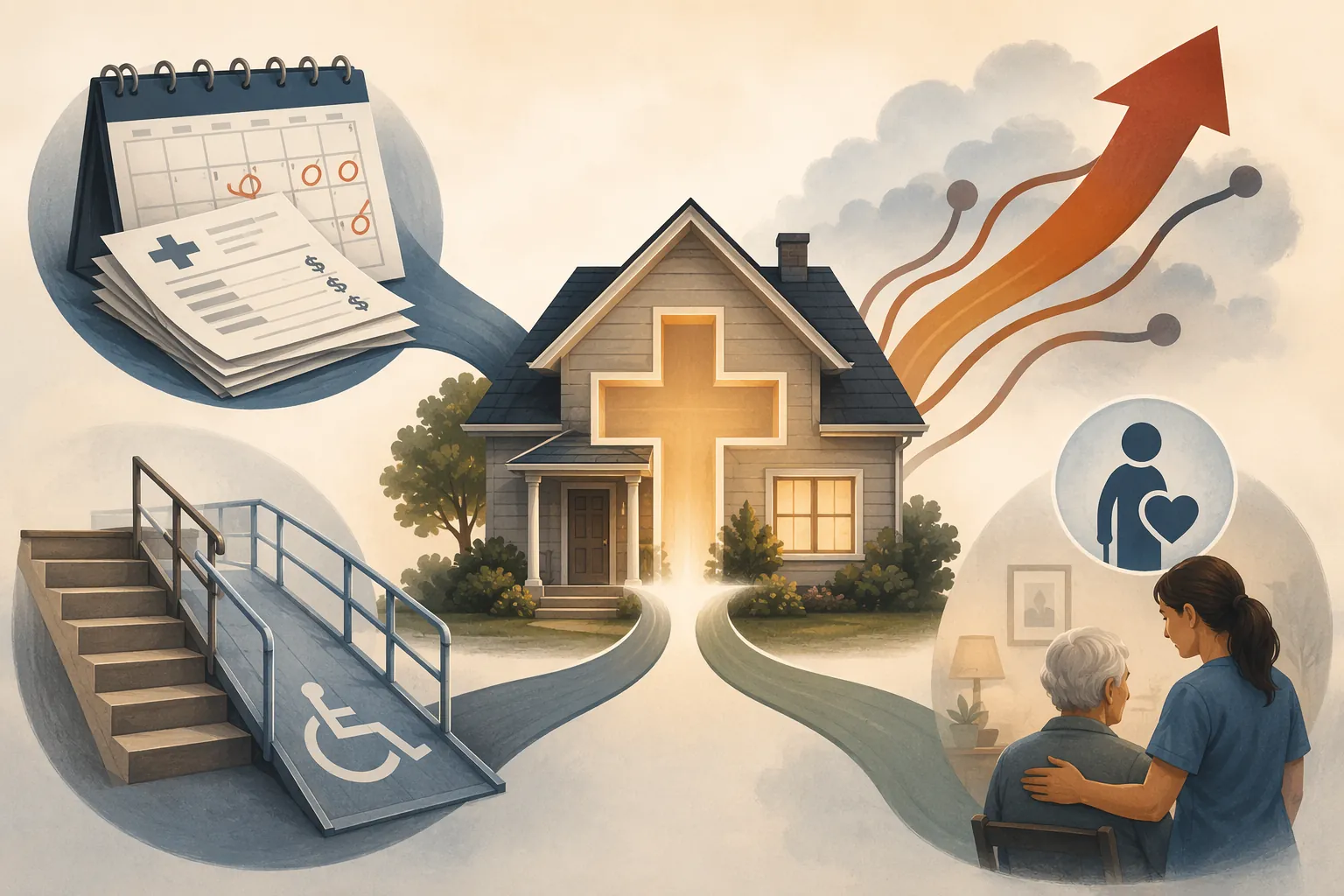 Illustration of medical bills, home modifications, and care costs converging on a single-family home