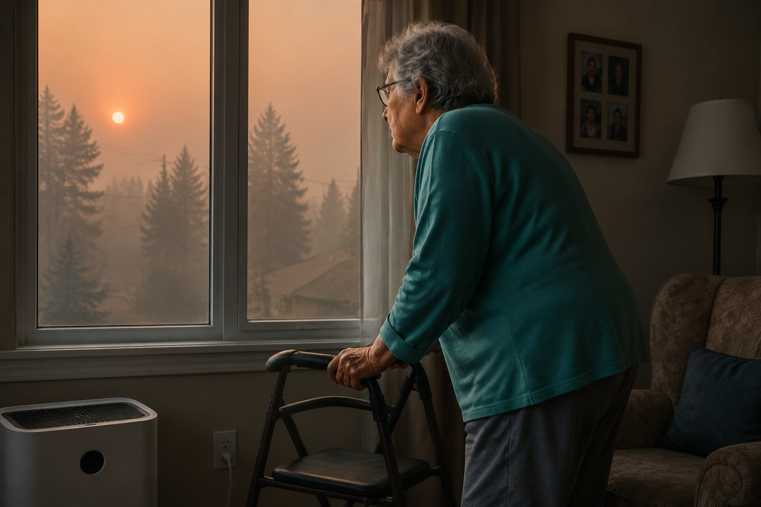 Older adult sitting in a hazy living room near a closed window while holding a walker, with an air purifier nearby
