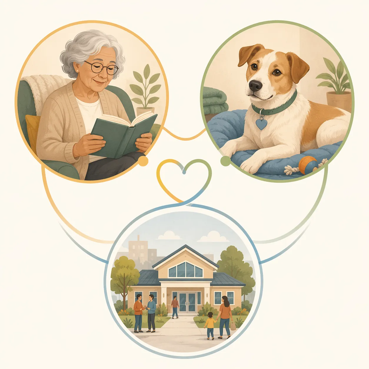Illustration of a senior reader, shelter dog, and community building connected in a three-way relationship