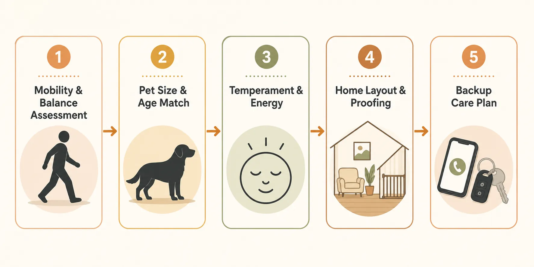 Five-step decision chart showing mobility and balance, pet size and age, temperament and energy, home layout, and backup care