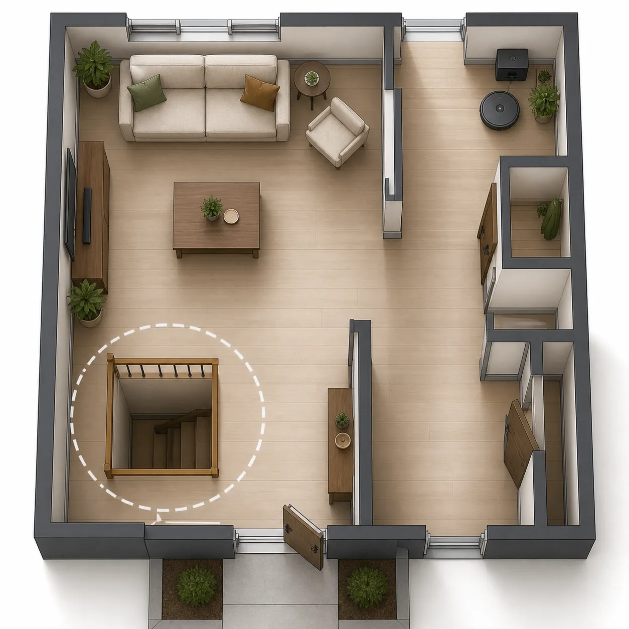 A floor plan showing a robot vacuum dock placed away from the main walking path, with a no-go zone around a stairwell and clear routes through the room
