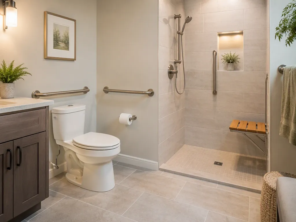 Senior-friendly bathroom with comfort-height toilet, grab bars, low-threshold shower, shower seat, and non-slip tile