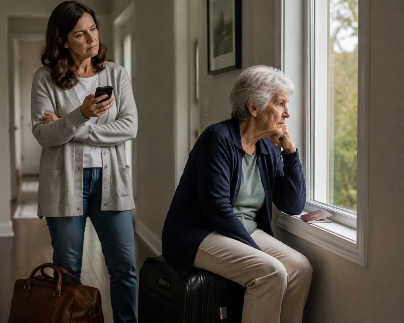 Older adult sitting on a suitcase while a middle-aged woman checks a phone nearby