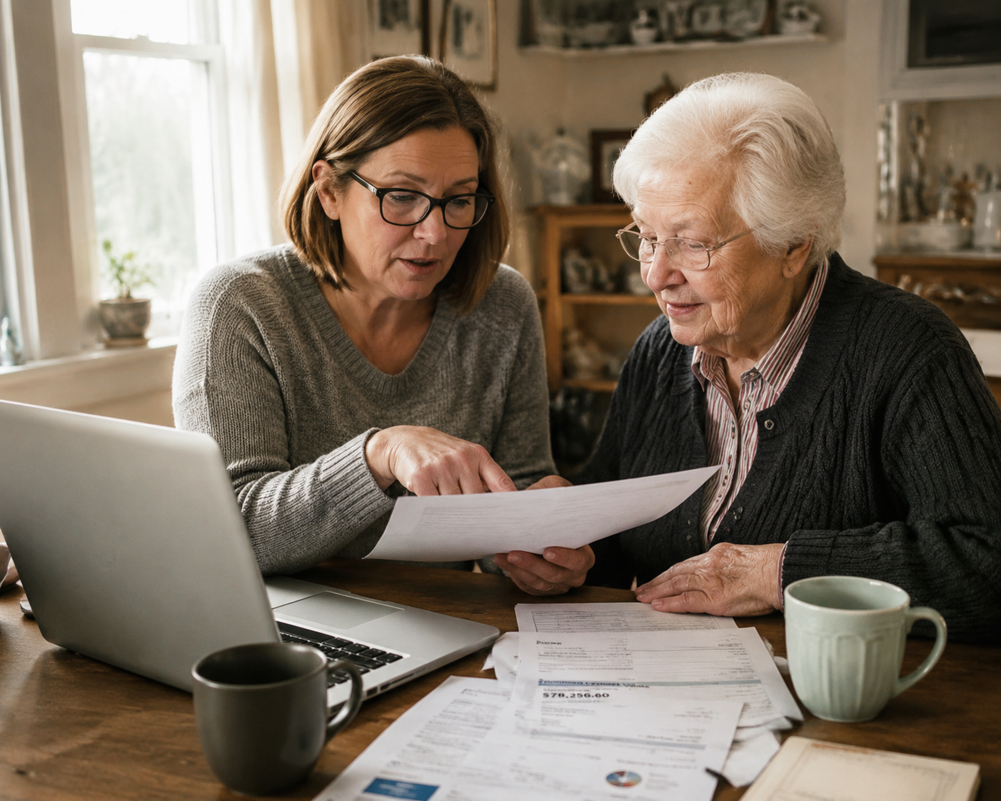 Adult child reviewing financial documents with an elderly parent at a home desk