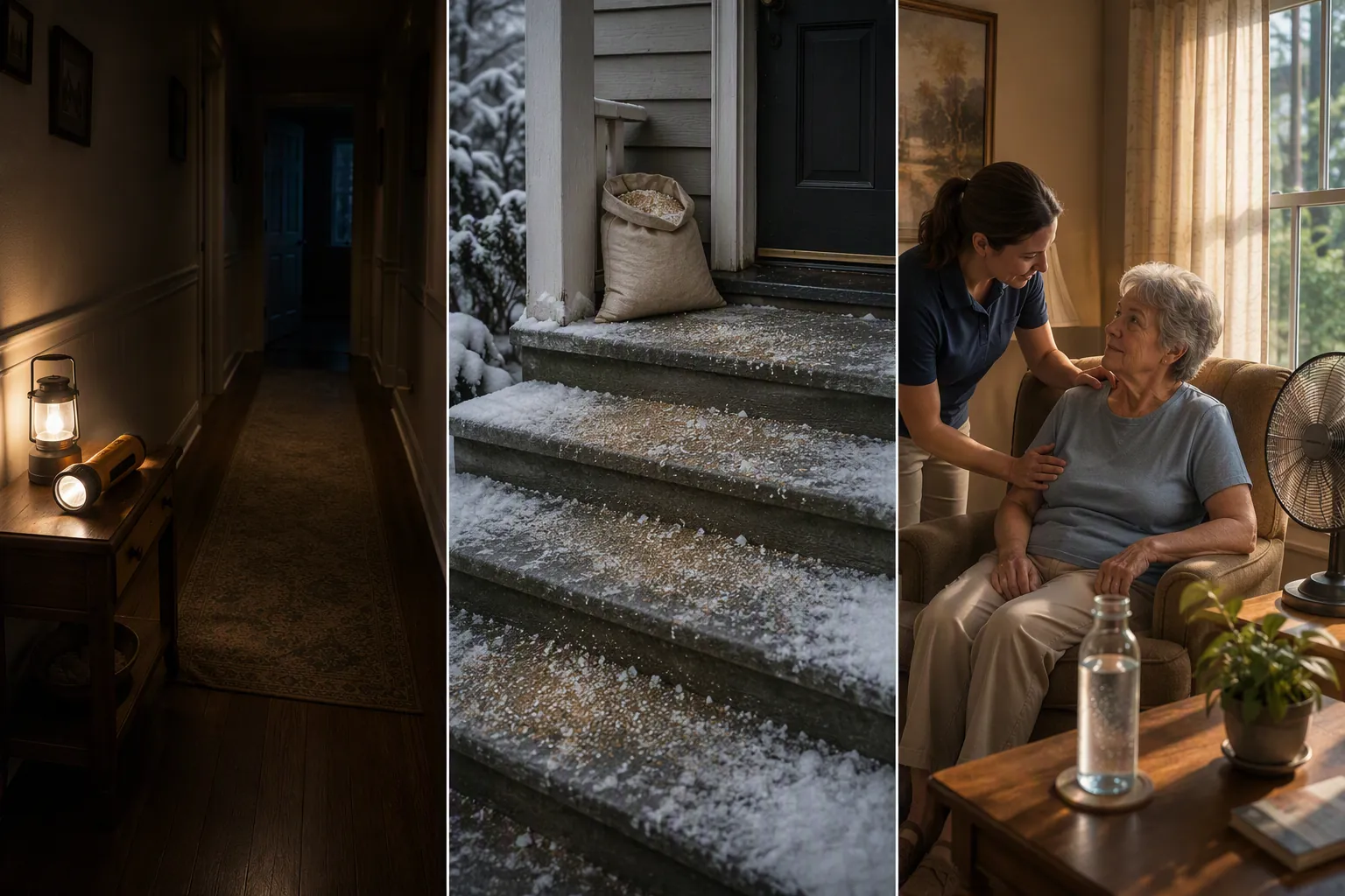 Three-panel illustration of staged outage lighting, salted winter steps, and a caregiver checking on an older adult during hot weather