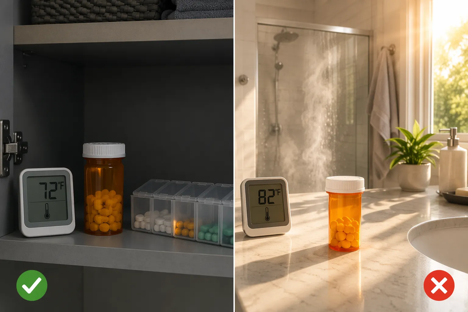 Comparison of safe shaded medication storage at 72 degrees and unsafe bathroom storage at 82 degrees