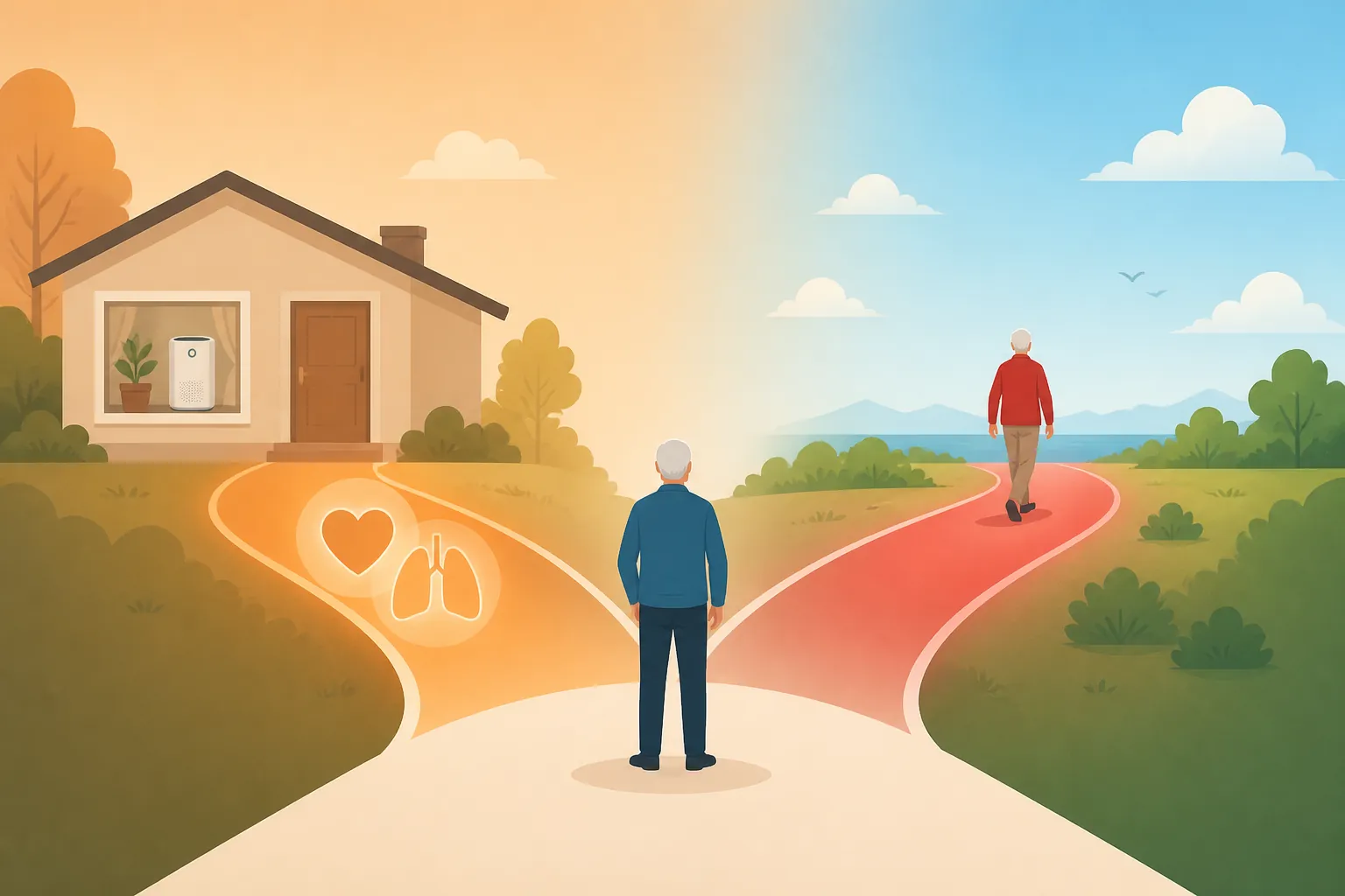 Decision-path visual showing an older adult with a heart-and-lungs branch changing plans earlier than a generally healthy older adult