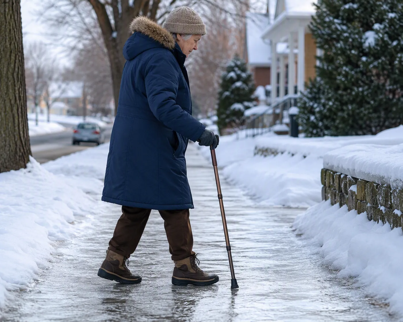 Older adult using short penguin-walk steps on an icy sidewalk with a cane