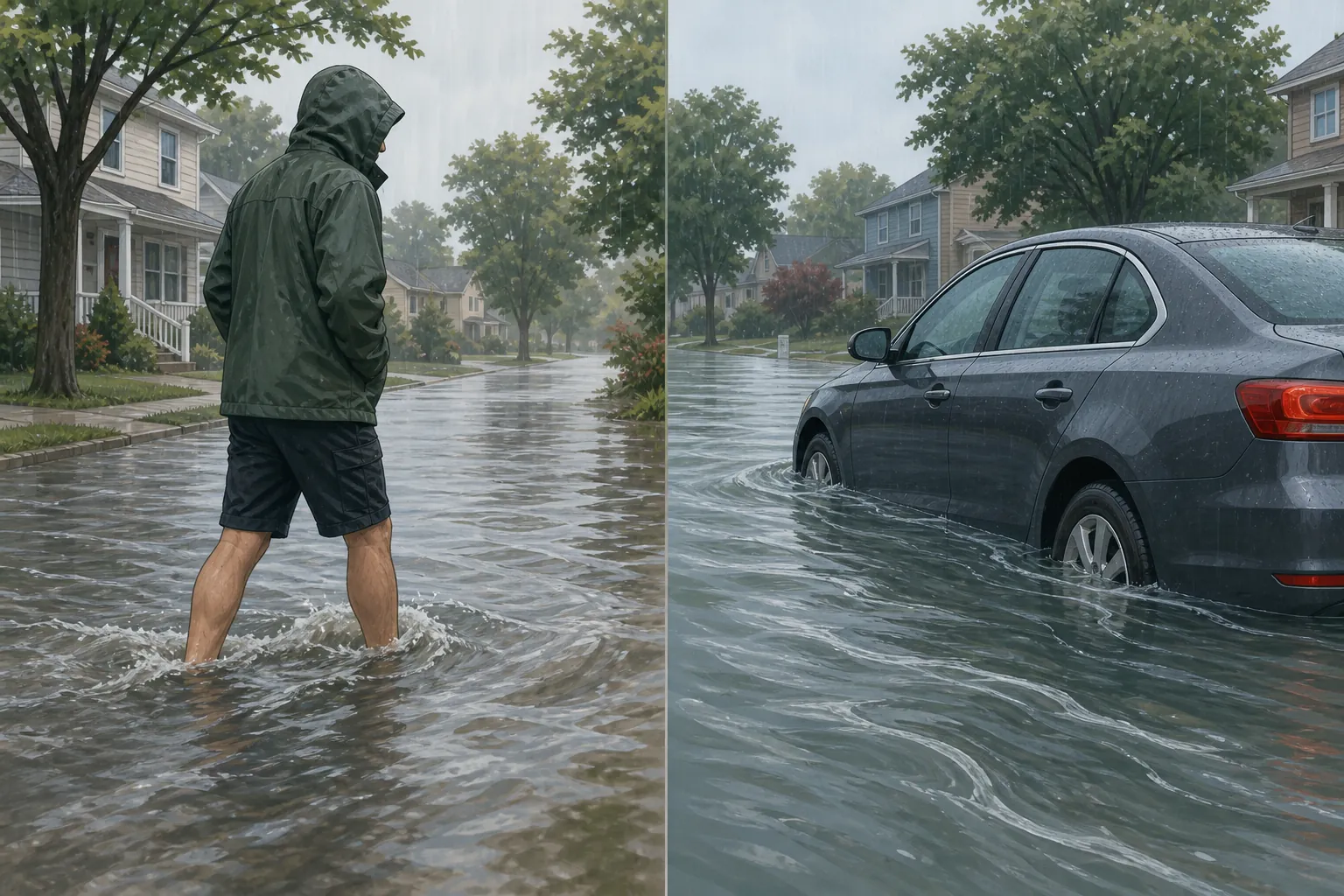 Illustration of floodwater depth showing fast-moving water near an adult's shins and deeper water around a vehicle's wheels