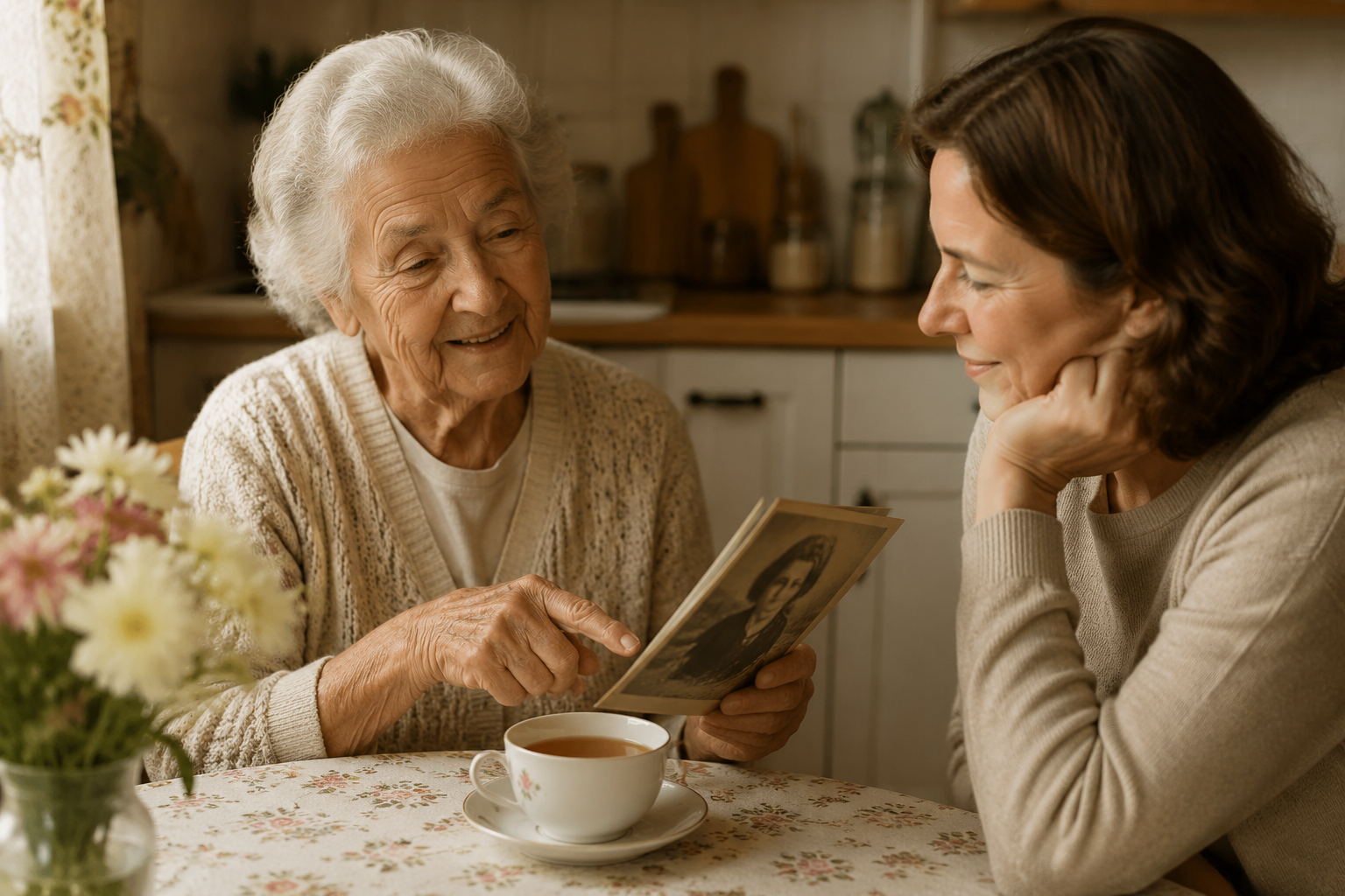 An elderly person and adult child sharing old photographs at a kitchen table