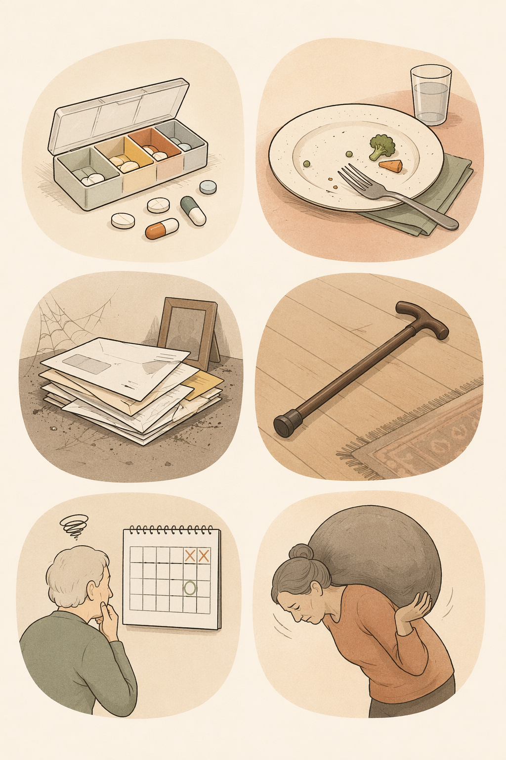 Line icons showing signs of declining independence including pills, food, mail, a cane, confusion, and caregiver strain