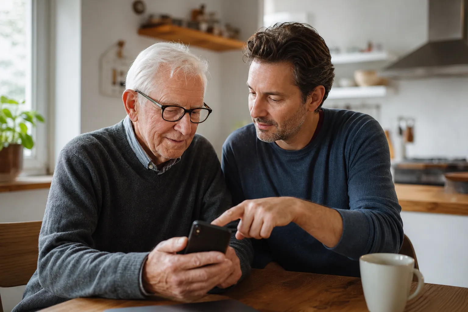 A younger adult calmly helps an older person use Safari on an iPhone at a kitchen table