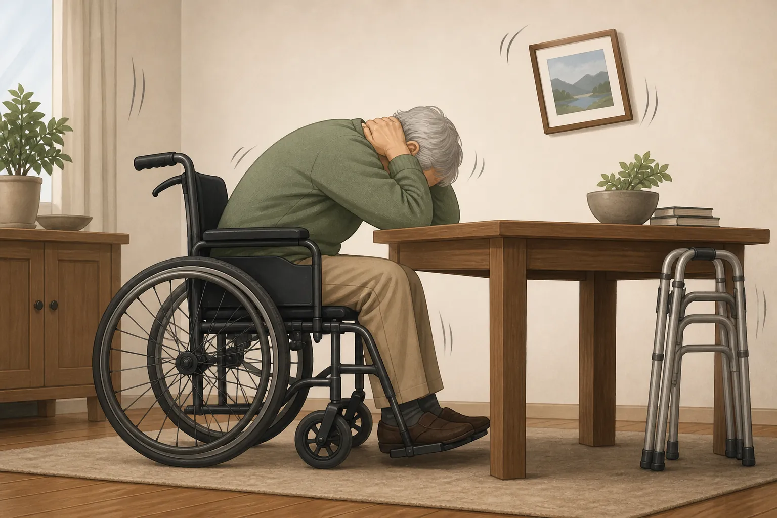 Older adult in a wheelchair leaning forward beside a sturdy table with arms covering the head and neck during earthquake shaking