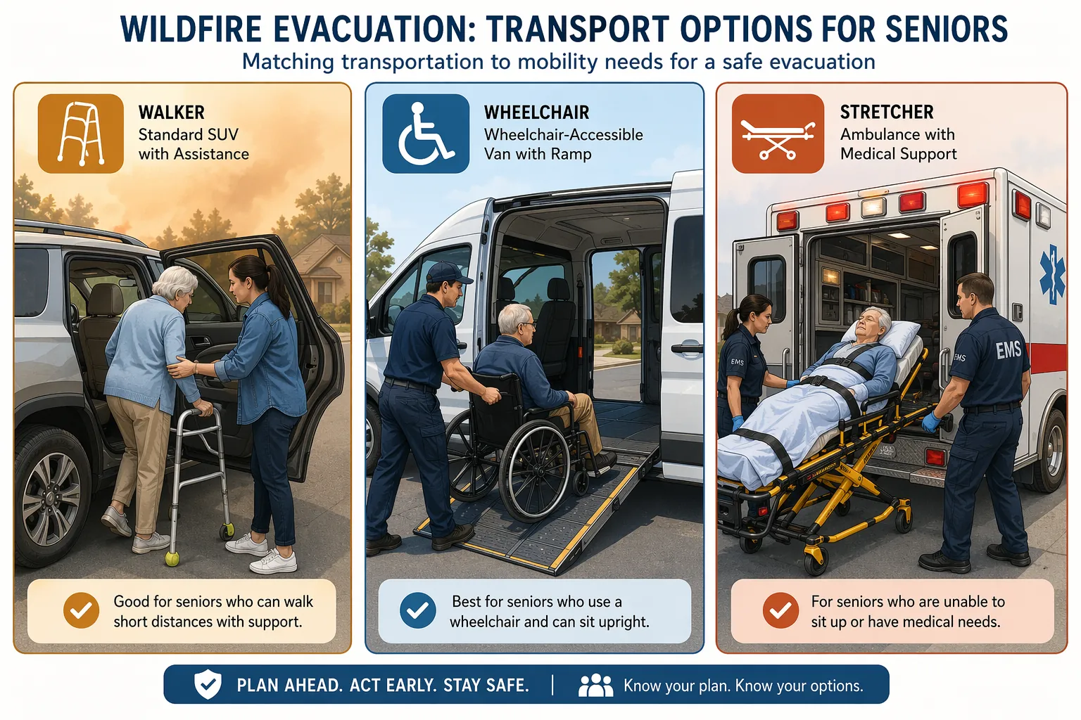 Three evacuation transportation options matched to mobility level: walker assistance into an SUV, wheelchair-accessible van loading, and stretcher ambulance transport.