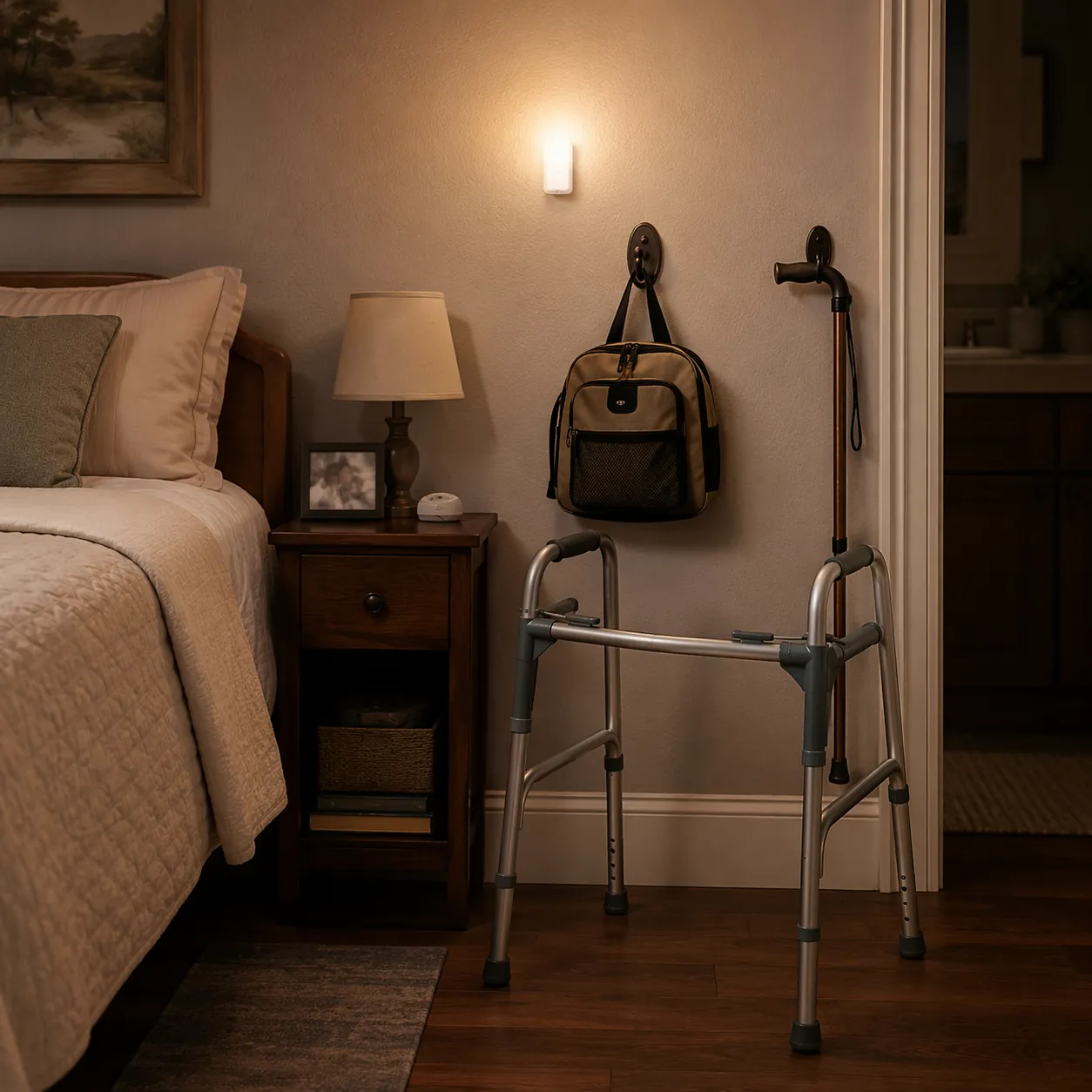 Waist-height wall hook beside a bed holding a small emergency go-bag with a walker and cane within reach