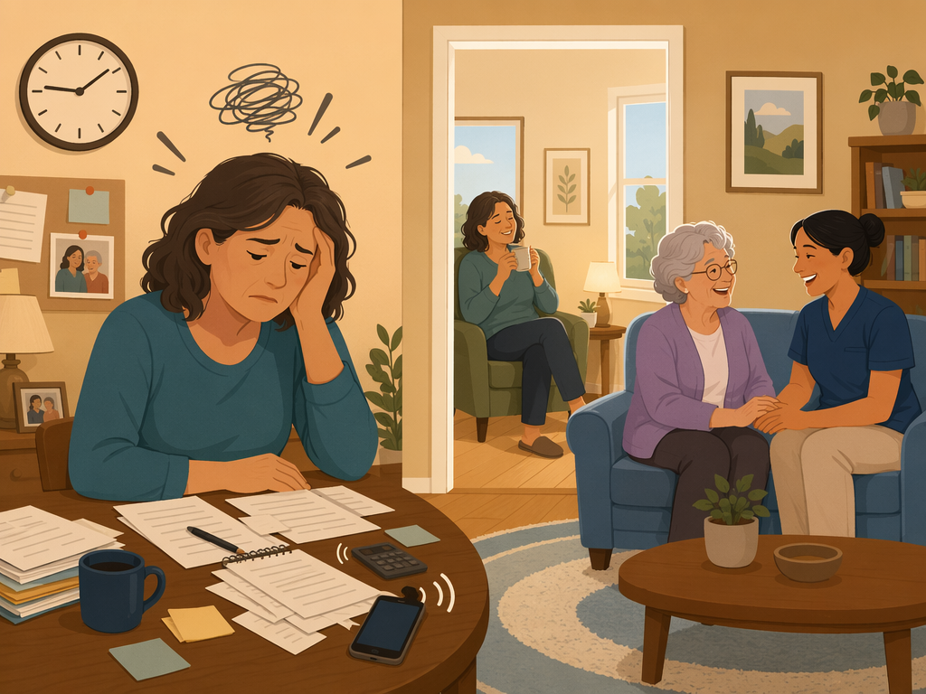 An illustration showing an exhausted family caregiver on one side and a trained aide helping an older adult on the other side, representing the relief that respite care can provide.