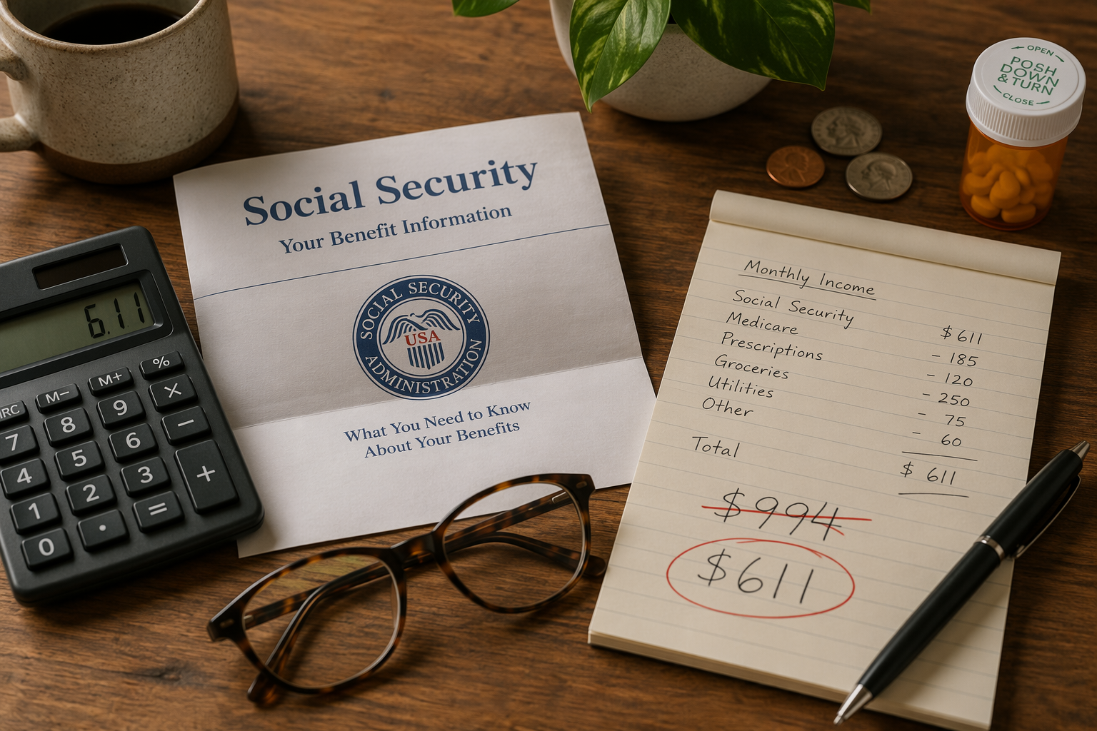 Kitchen table with a calculator, Social Security letter, glasses, notepad showing $994 crossed out and $611 circled, coins, and a pill jar