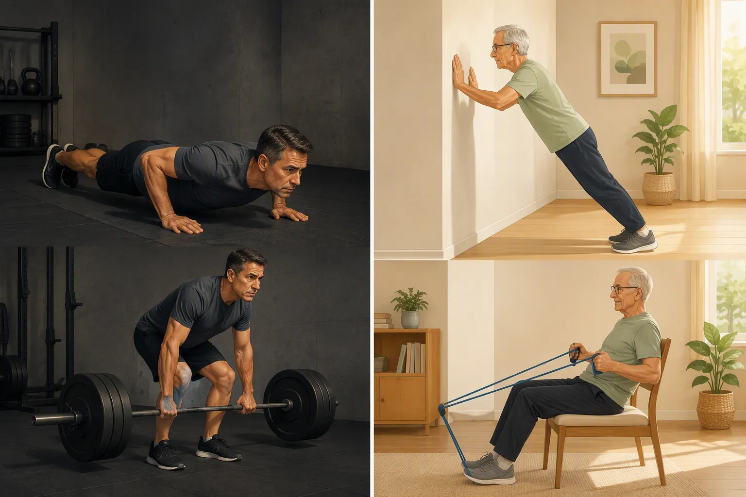 Split-screen comparison of floor push-ups and heavy barbell lifting versus wall push-ups and seated resistance-band rows