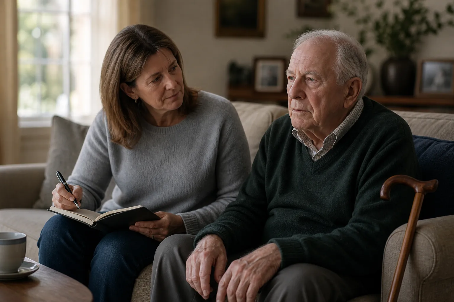 Adult daughter sitting beside her aging father with a notebook while a cane leans against the sofa