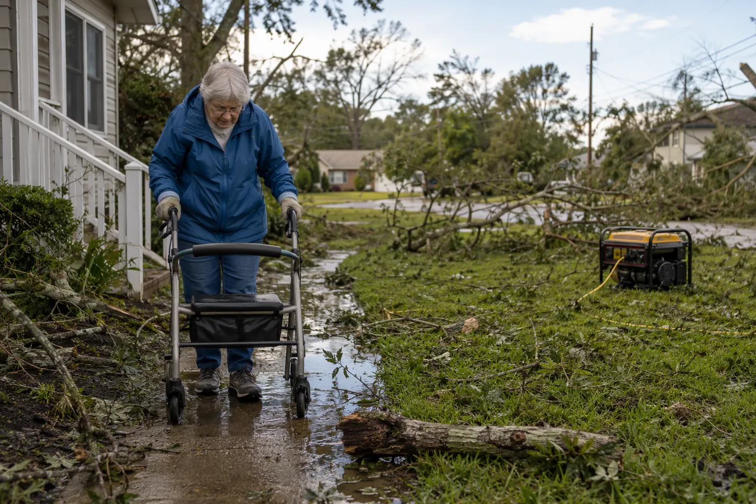 Senior using a walker near post-storm debris and flooded walkway with a generator placed safely outside away from the house