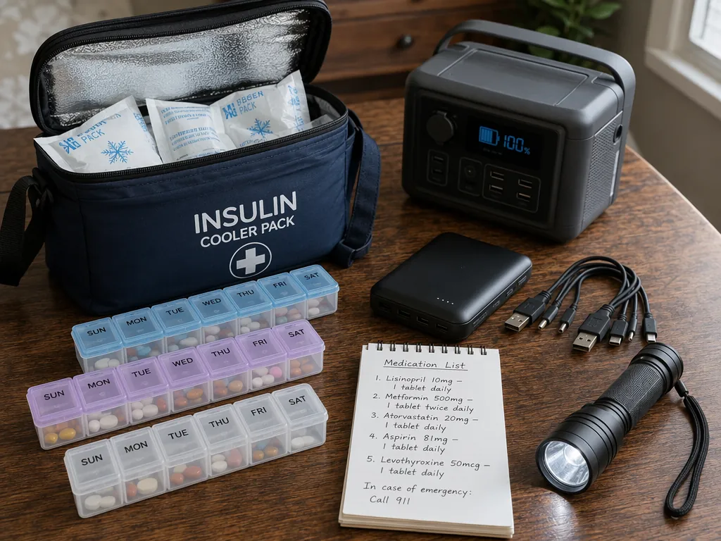 Insulin cooler pack, labeled pill organizers, portable backup battery, CPAP battery, medication list, and flashlight arranged for hurricane preparedness