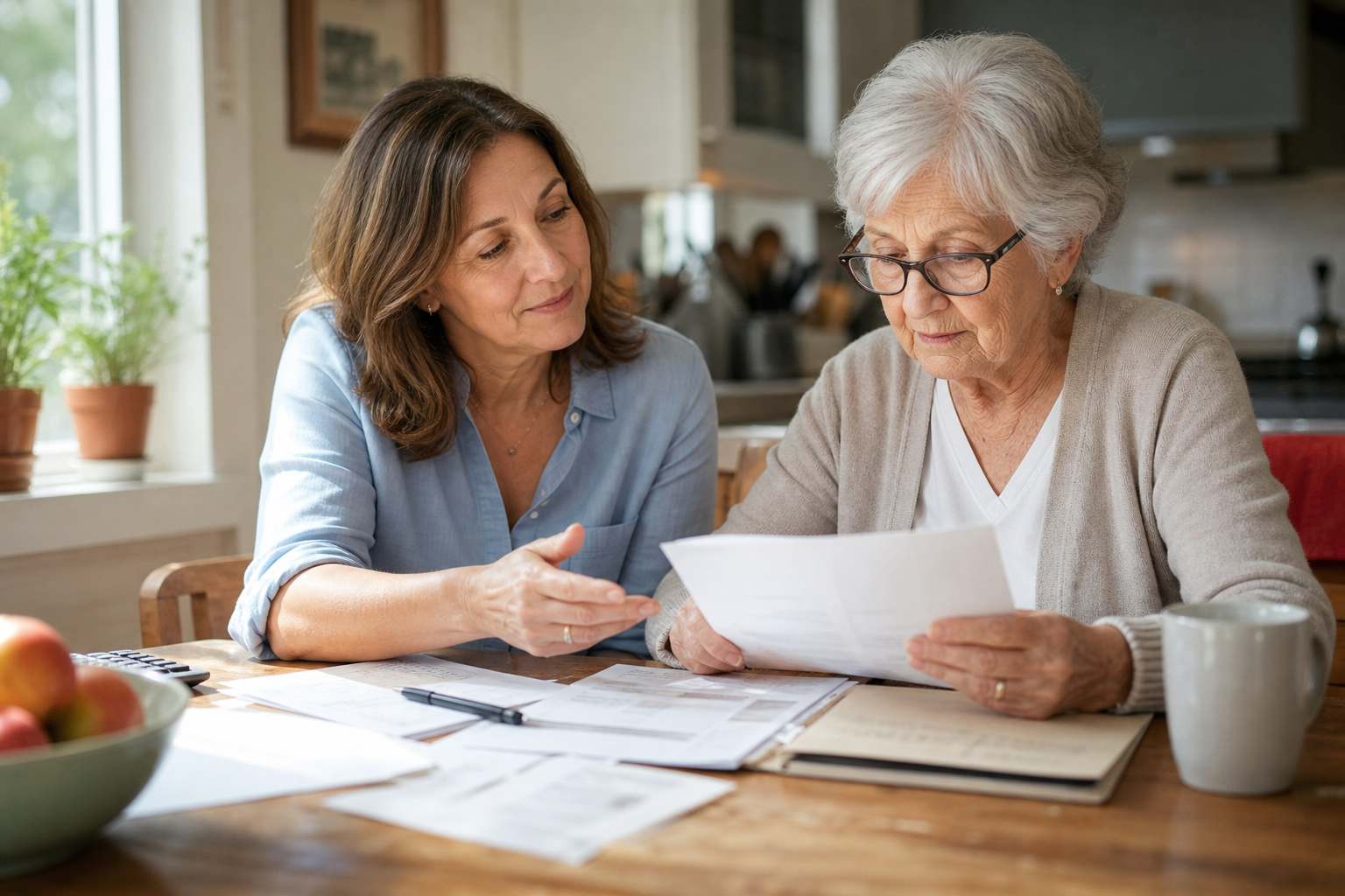 Adult daughter and elderly parent reviewing financial and Medicare paperwork together at a kitchen table