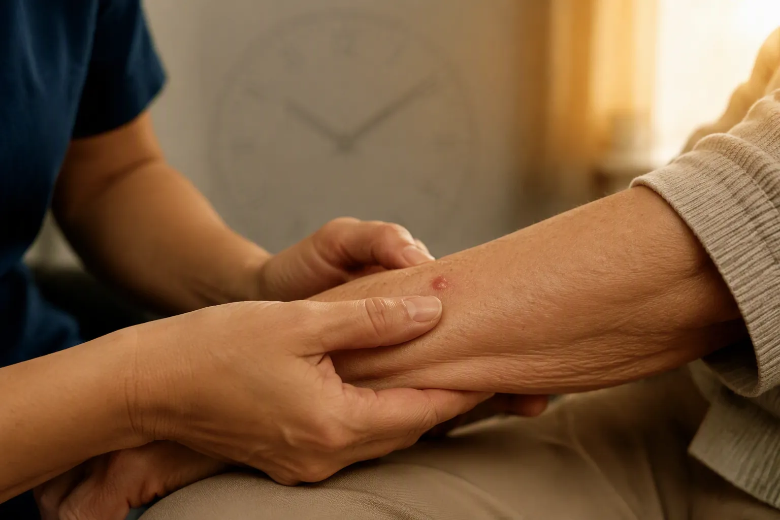 Caregiver examining a small red bite mark on an older adult’s forearm while monitoring time