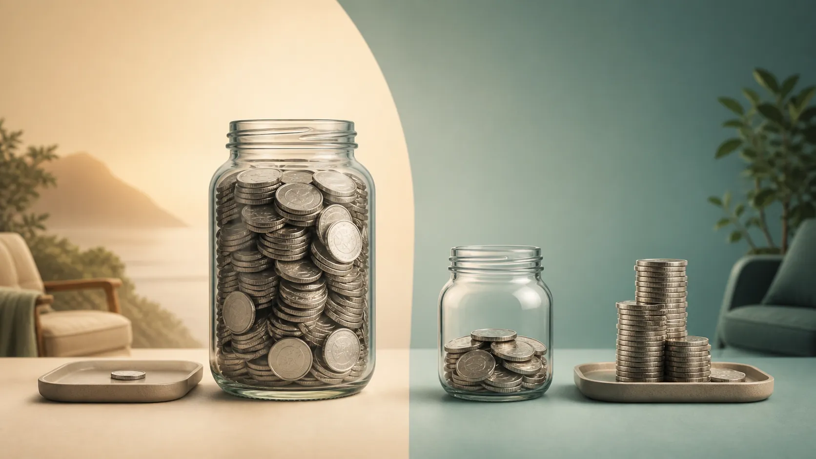 Two jars of coins comparing an average retiree benefit with a low benefit after a Medicare Part B deduction