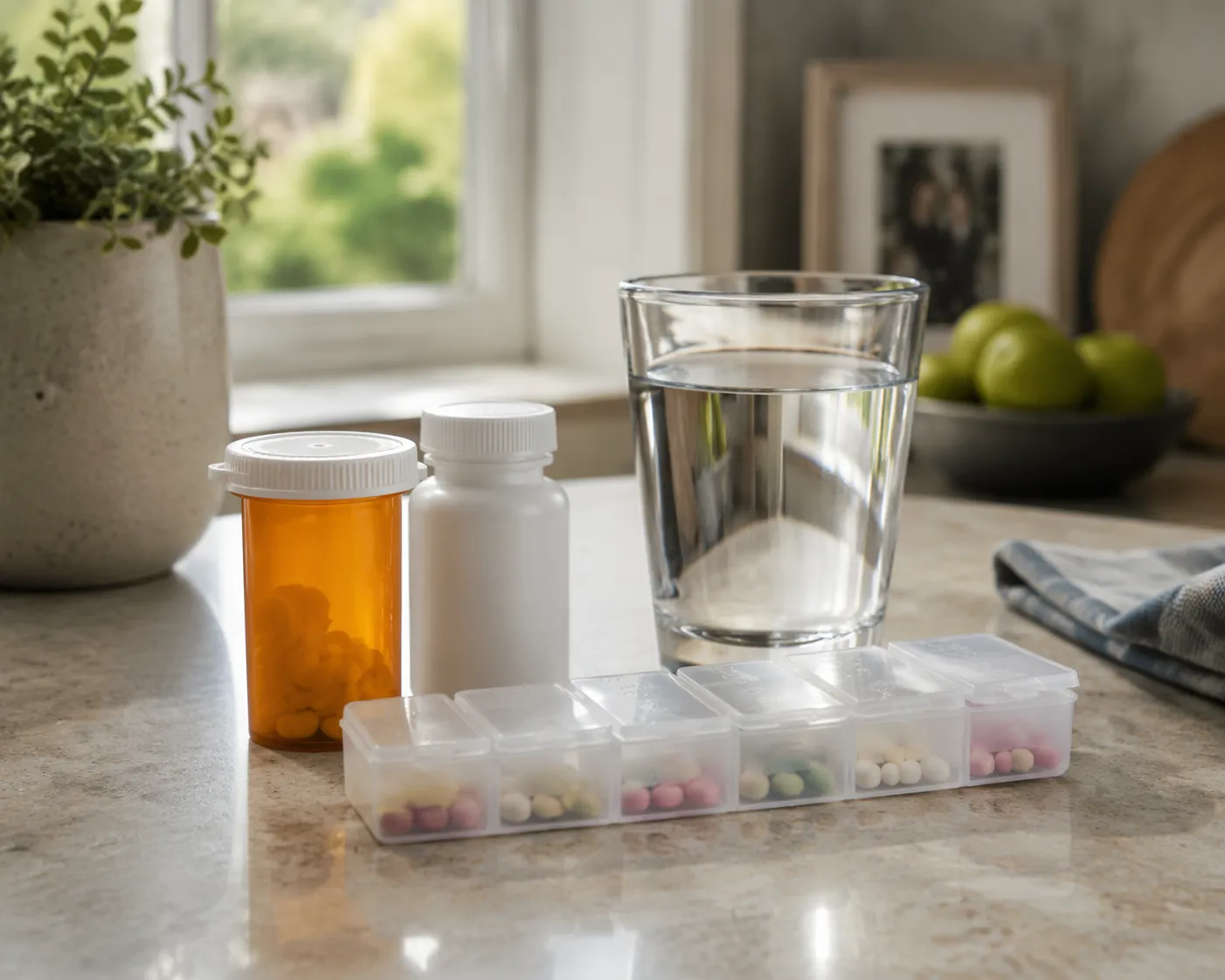 Prescription bottles, water glass, and weekly pill organizer on a kitchen counter