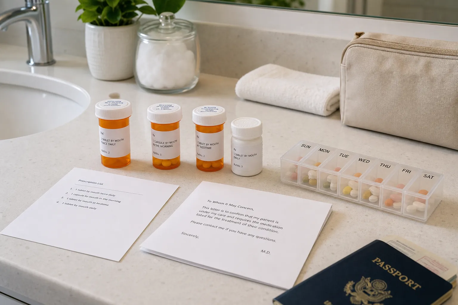 Bathroom counter arranged for travel medication planning with labeled prescription bottles, prescription list, doctor letter, pill organizer, and passport