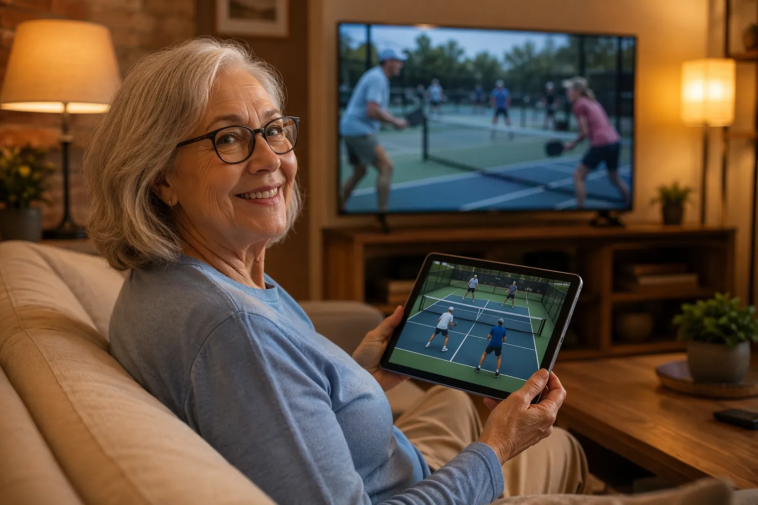 Senior woman watching pickleball content on a tablet and television at home