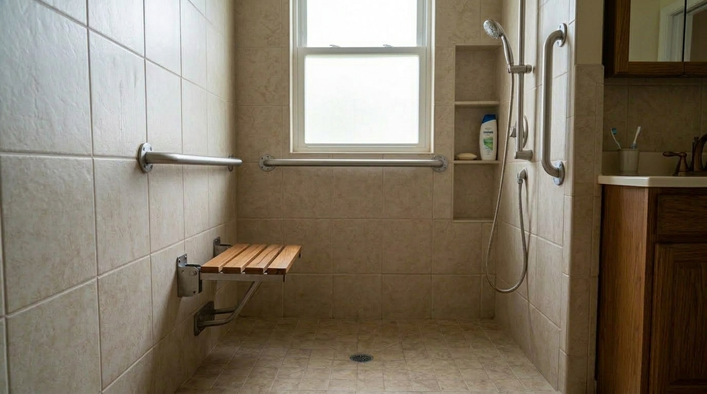 A clean, modern accessible bathroom with a walk-in shower, chrome grab bars, a fold-down shower seat, and a handheld showerhead.