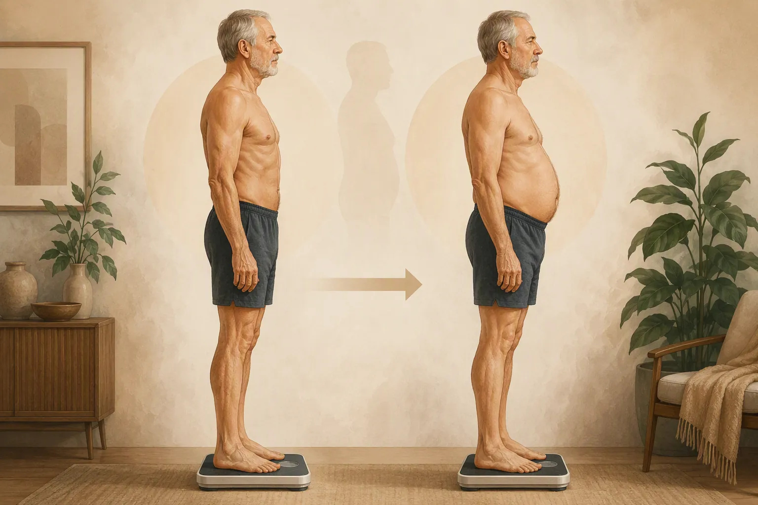 Illustration of an older adult with thinner arms and legs and a softer midsection despite an overall steady body outline