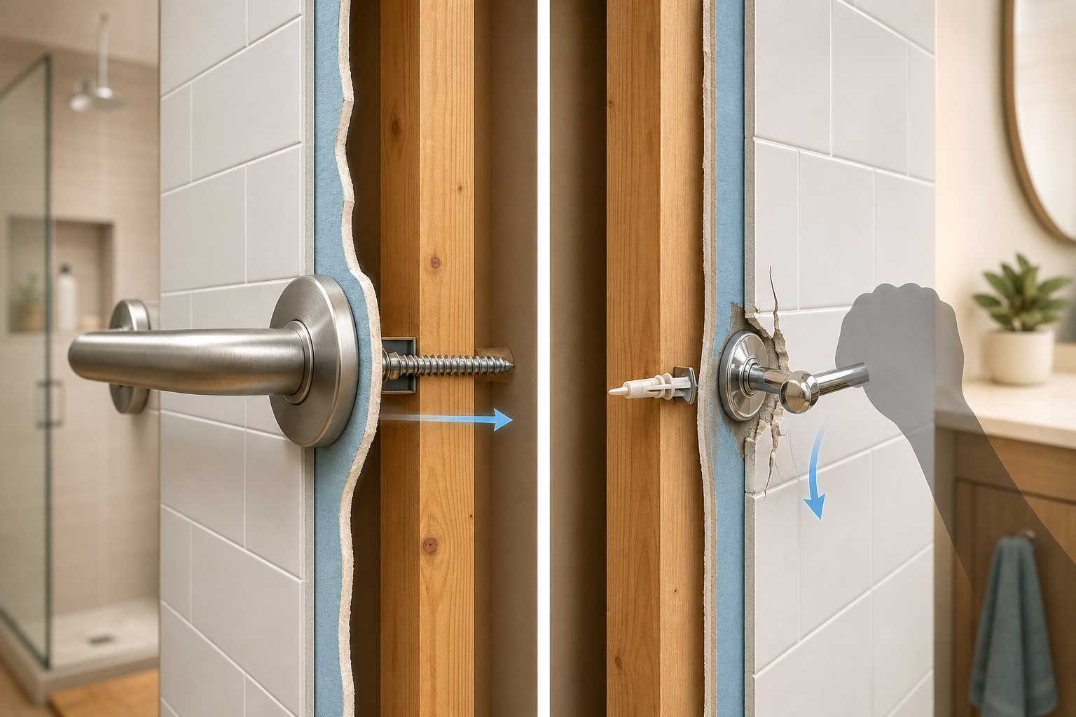 Cross-section editorial illustration of a bathroom wall showing two side-by-side mounting scenarios: left side shows a brushed metal grab bar anchored deep into wooden wall studs with bolts; right side shows a thin chrome towel bar mounted with plastic drywall anchors pulling loose from the wall under a grasping hand silhouette, with wall layers (stud, drywall, tile) visible in warm neutral and soft blue tones.