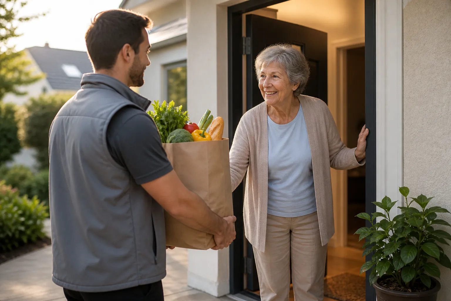 Delivery courier handing a paper grocery bag of fresh produce to an older woman at her front door