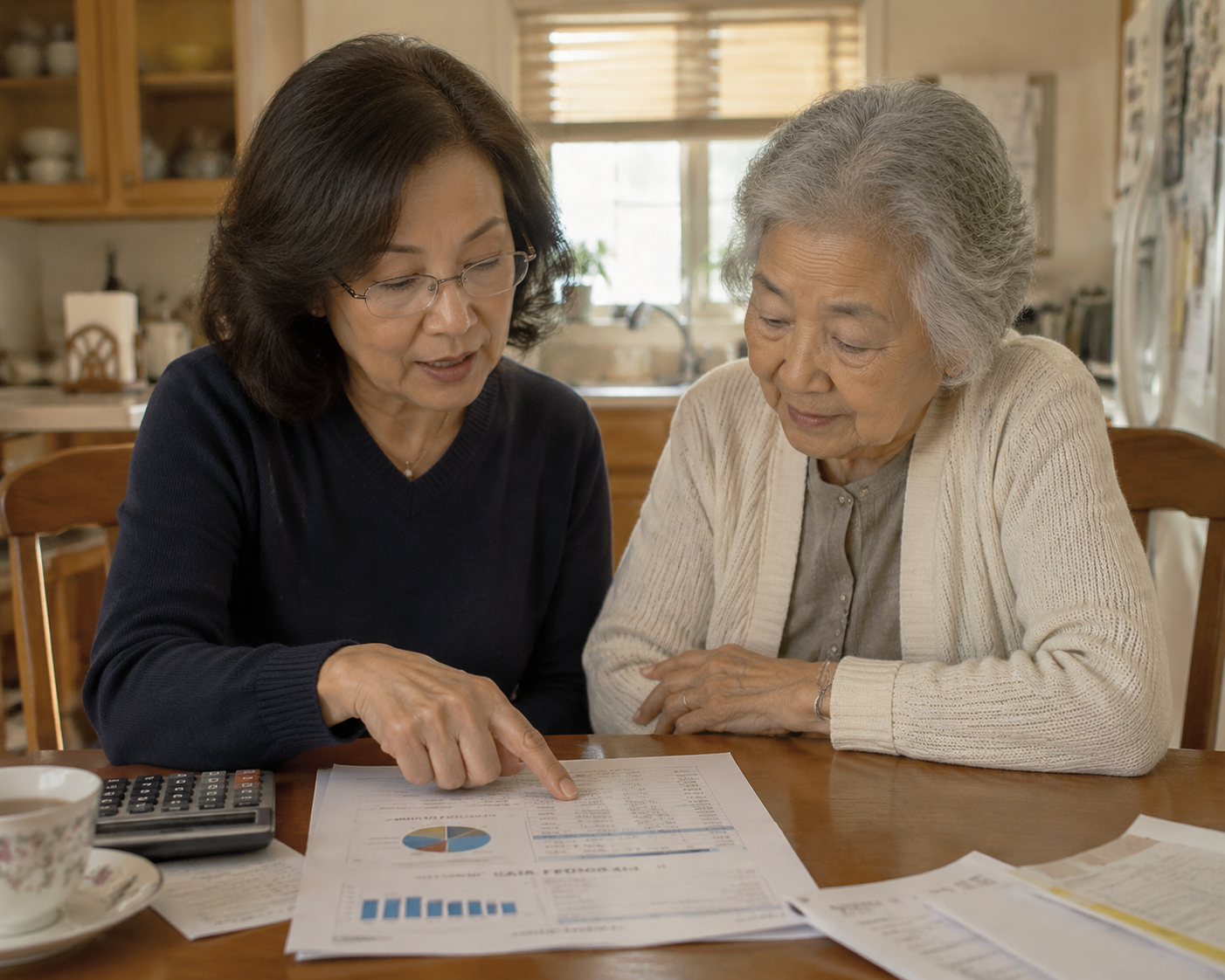 Adult daughter and elderly mother reviewing mutual fund statements together at a kitchen table