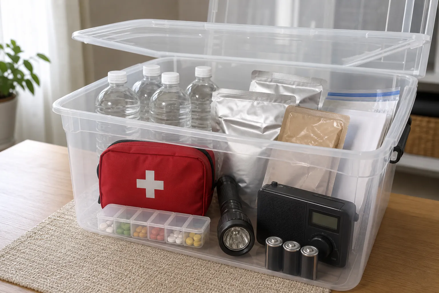 Clear plastic emergency kit bin with water, flashlight, batteries, medications, food, radio, first aid kit, and documents