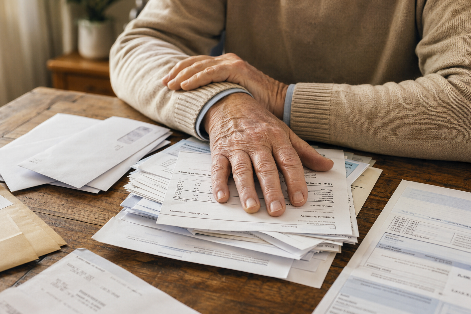 Elderly hands resting on a table with financial documents and unopened envelopes