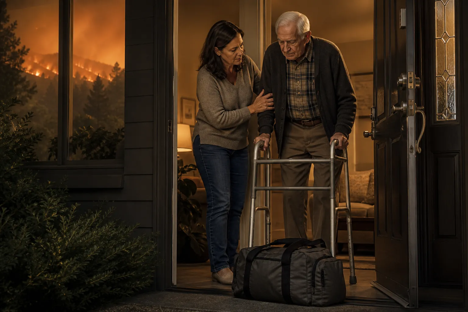 Adult daughter helping her older father with a walker near the front door with an emergency go-bag as wildfire smoke shows outside