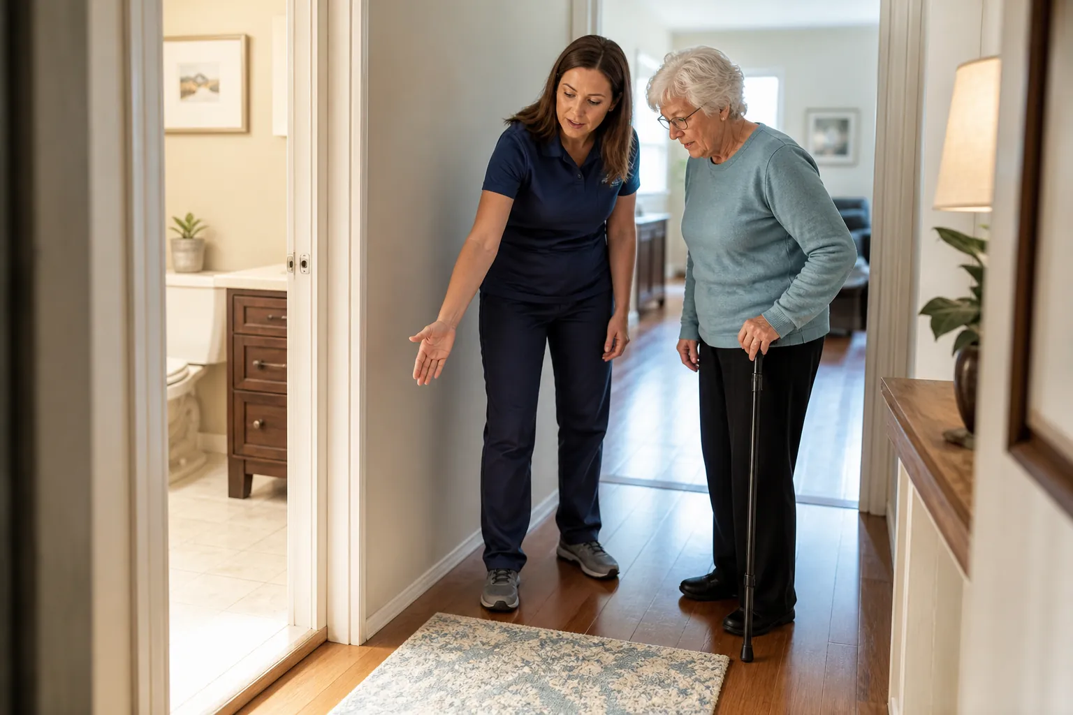 Occupational therapist assessing a hallway and bathroom doorway with an older adult who uses a cane
